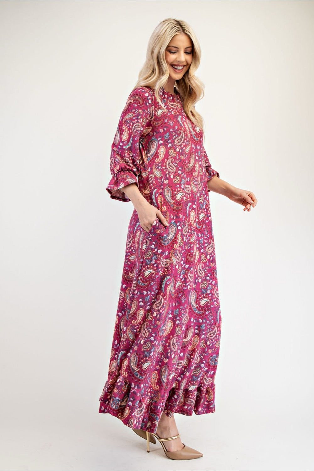 Navy paisley full-size dress by Celeste Clothing with ruffle hem and round neckline, displayed on a hanger.