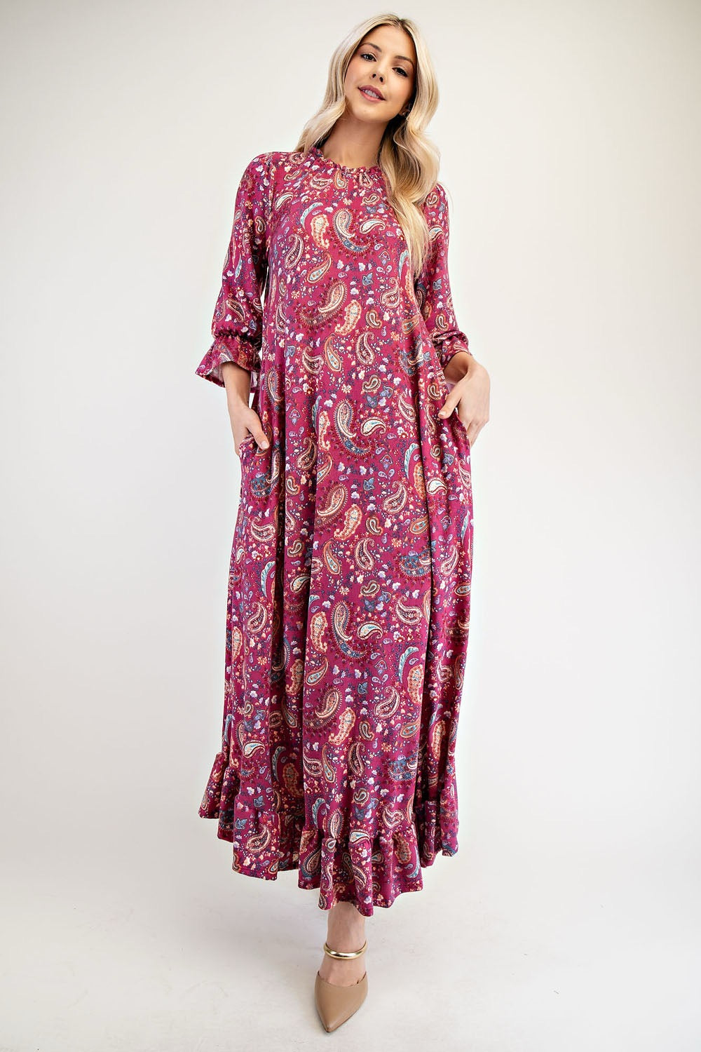 Celeste full-size navy paisley dress with ruffle hem and round neckline, made by Celeste Clothing, featuring a stylish paisley pattern.