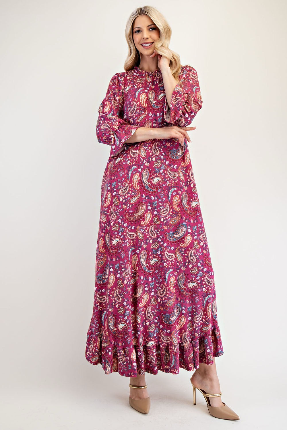 Navy paisley full-size dress from Celeste Clothing with ruffle hem and round neck, featuring a bohemian paisley pattern.
