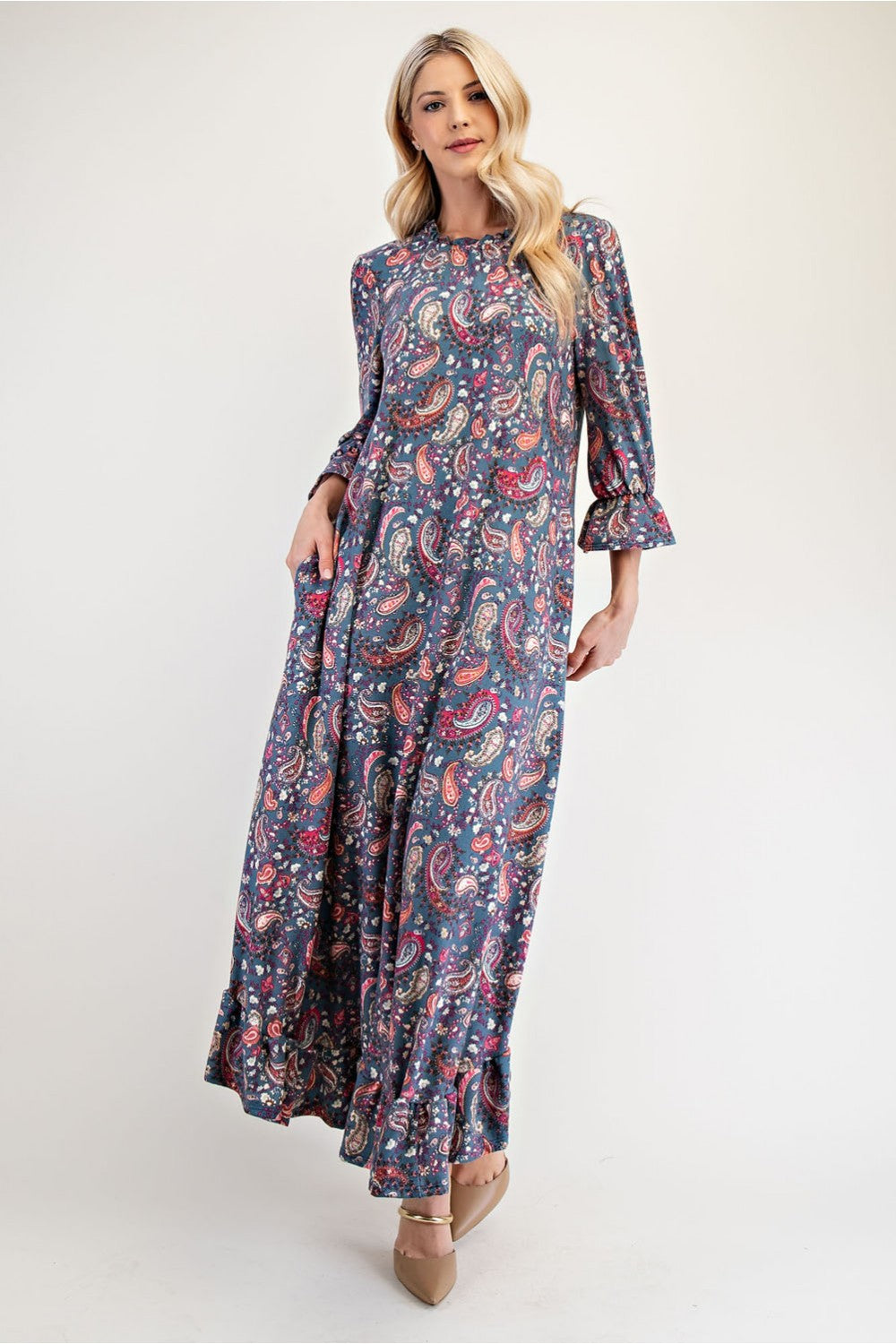 Celeste full-size navy paisley dress with ruffle hem and round neckline, featuring a stylish paisley pattern.
