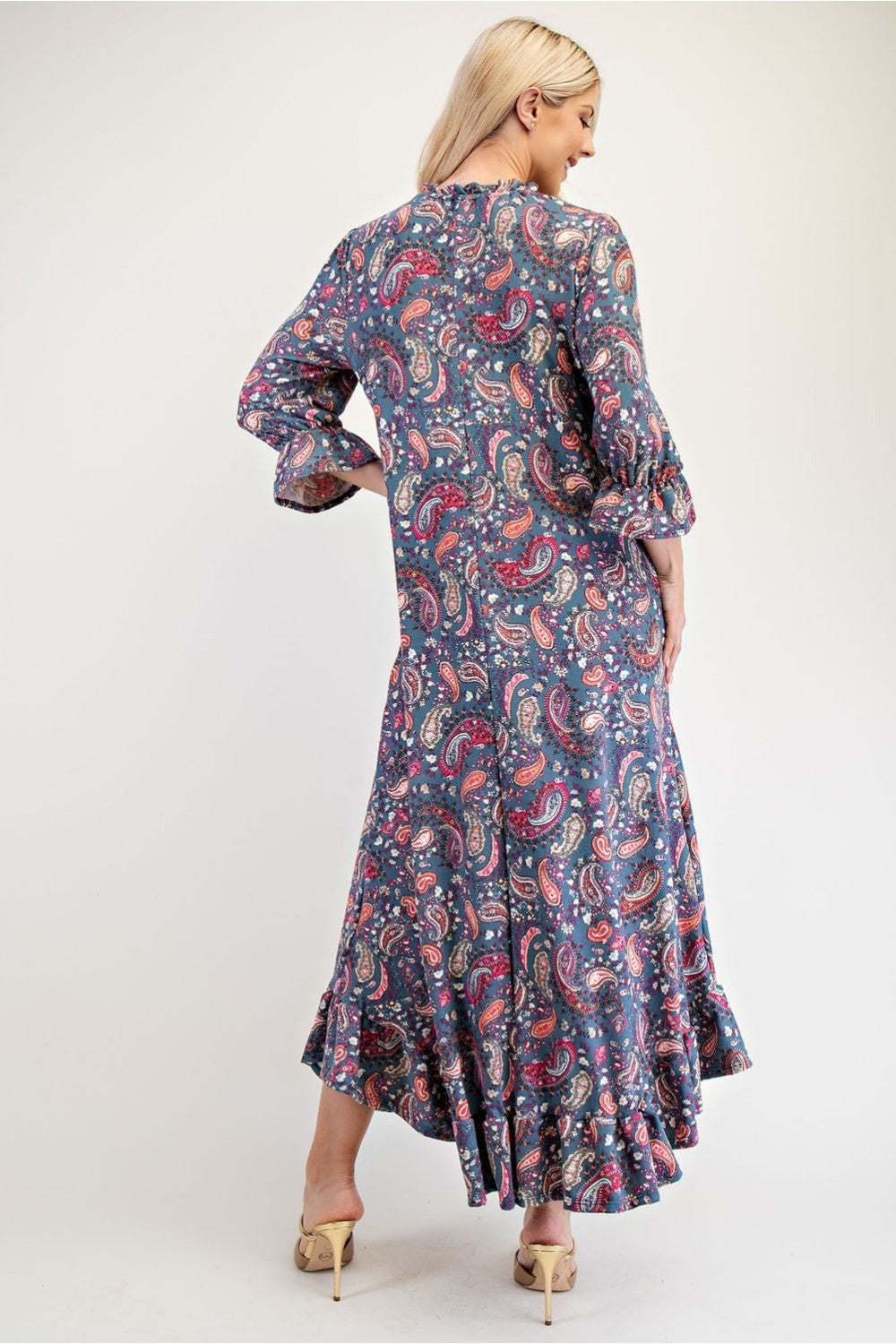 Celeste full-size navy paisley dress with ruffle hem and round neckline, featuring a stylish and comfortable design.
