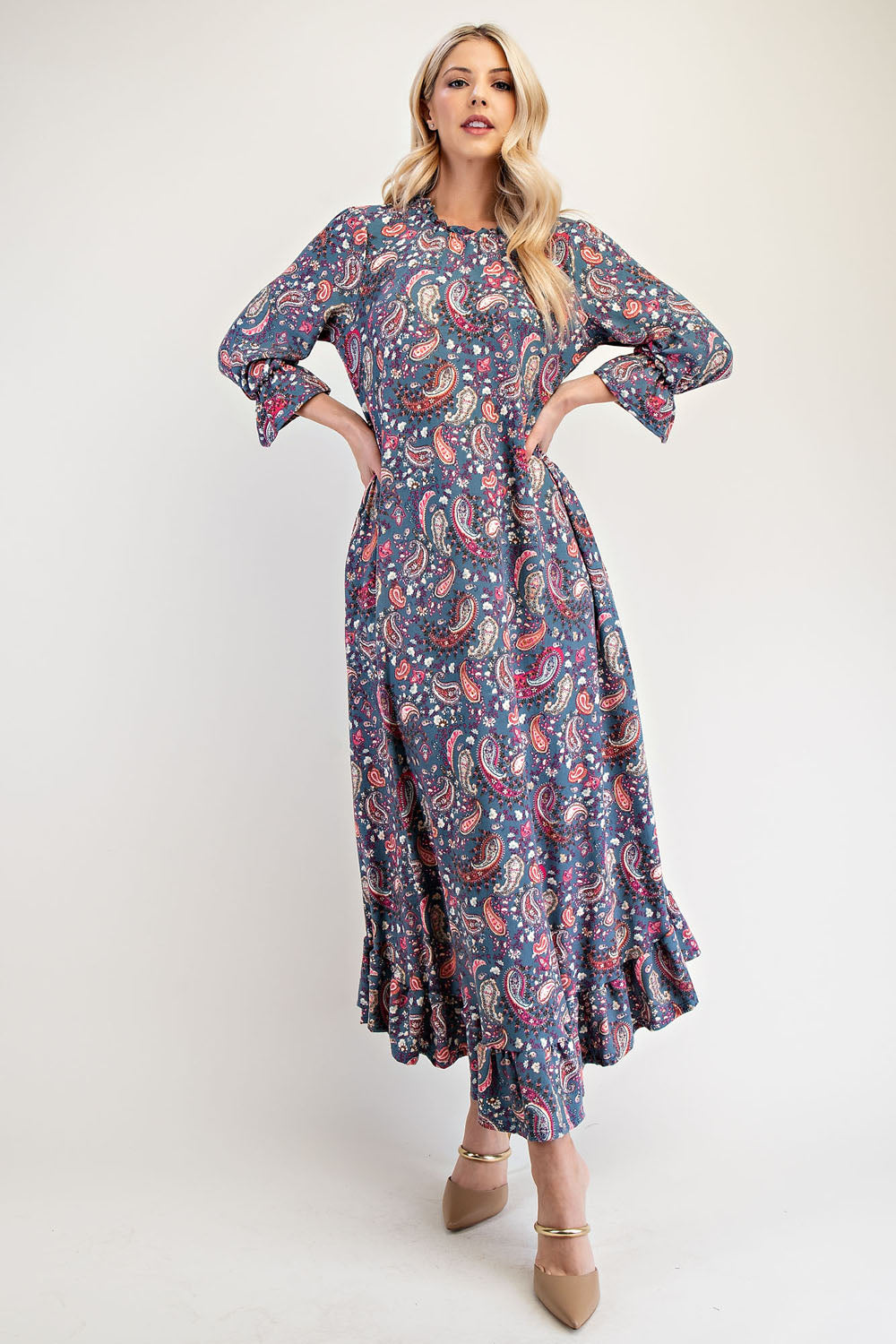 Navy paisley full-size dress by Celeste Clothing featuring a round neckline and ruffle hem, casual and stylish.