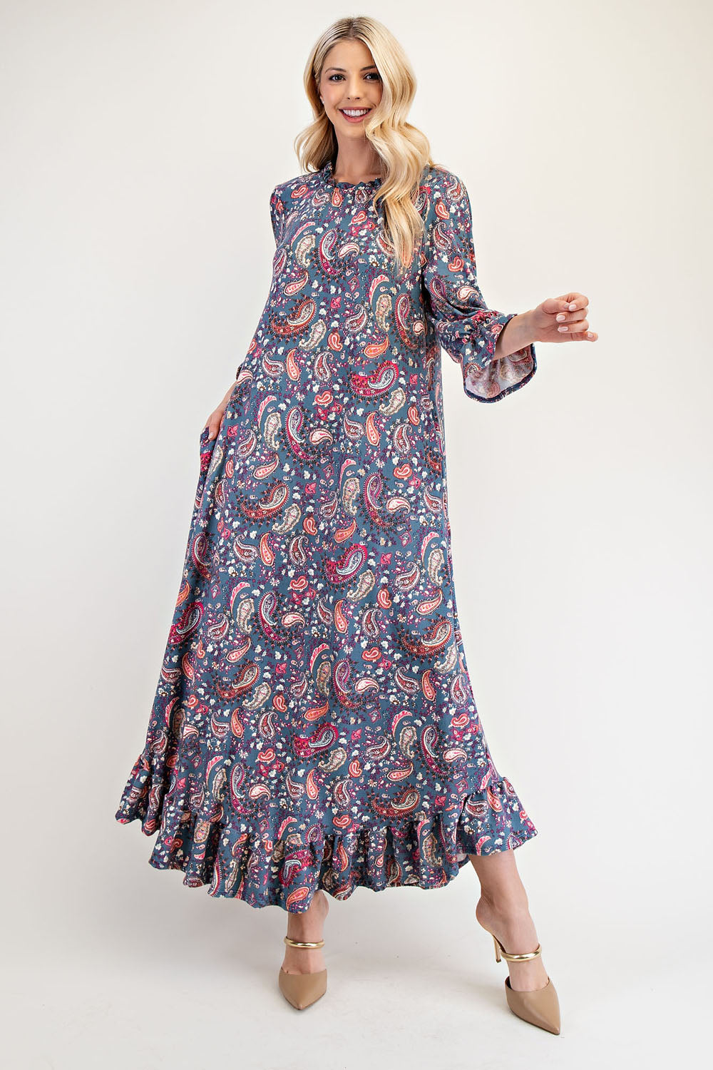Celeste full-size navy paisley dress with ruffle hem and round neckline, featuring a stylish and comfortable design.