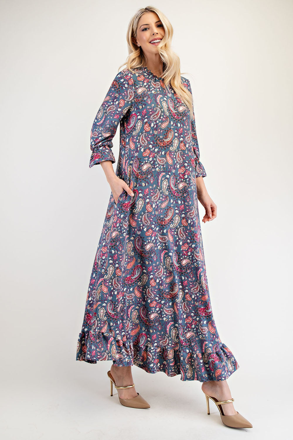 Celeste Clothing navy paisley full-size dress with ruffle hem and round neckline, showcasing a stylish and comfortable dress design.