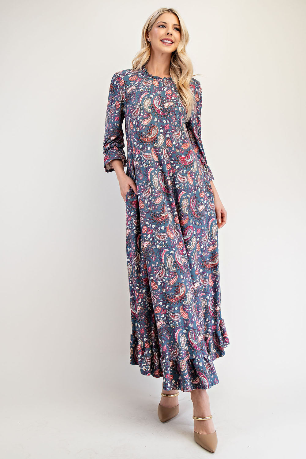 Navy paisley full-size dress by Celeste Clothing with ruffle hem and round neckline, displayed on a hanger.