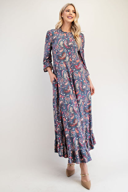 Navy paisley full-size dress by Celeste Clothing with ruffle hem and round neckline, displayed on a hanger.