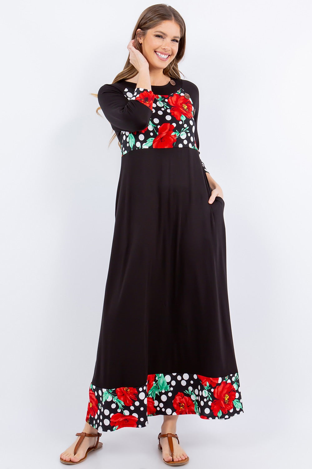 Black and red 3/4 sleeve maxi dress with floral and polka dot accents by Celeste Clothing, featuring a stylish and elegant design.