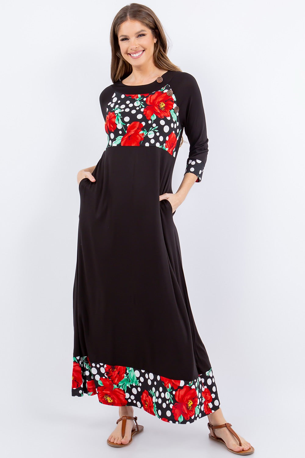 Black and red 3/4 sleeve maxi dress with floral and polka dot accents by Celeste Clothing, featuring a flowing silhouette.