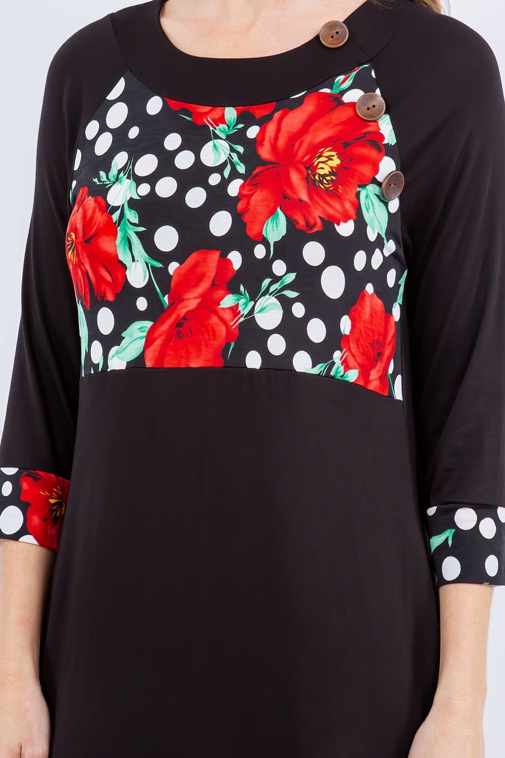 Celeste Clothing 3/4 sleeve maxi dress with floral and polka dot accents in black and red, stylish and comfortable for casual wear.