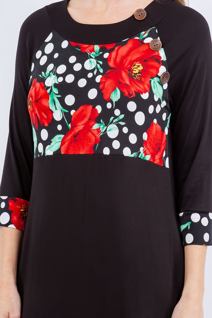 Celeste Clothing 3/4 sleeve maxi dress with floral and polka dot accents in black and red, stylish and comfortable for casual wear.