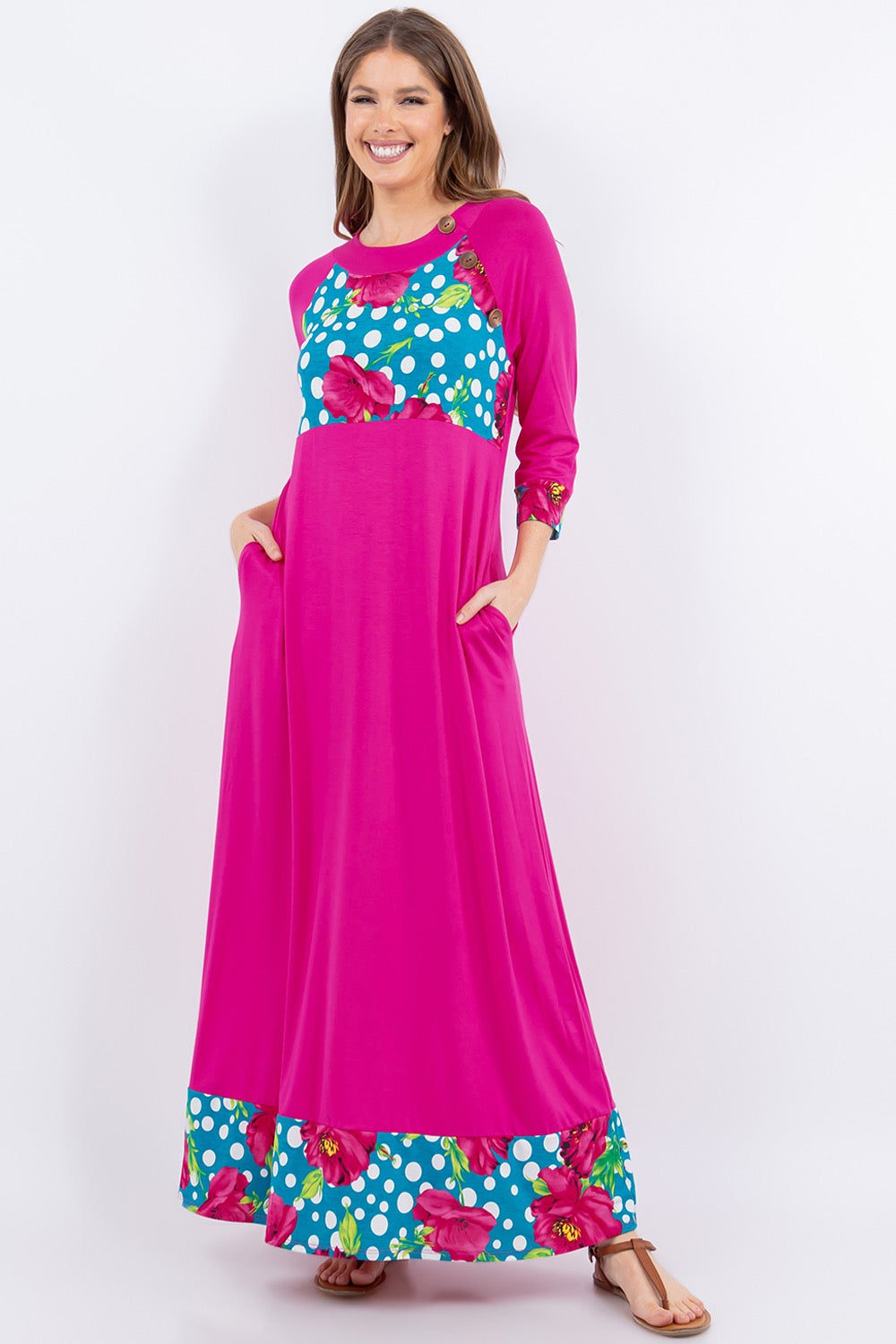Fuschia 3/4 sleeve maxi dress by Celeste Clothing with floral and polka dot accents, flowing silhouette, perfect for casual and dressy occasions.