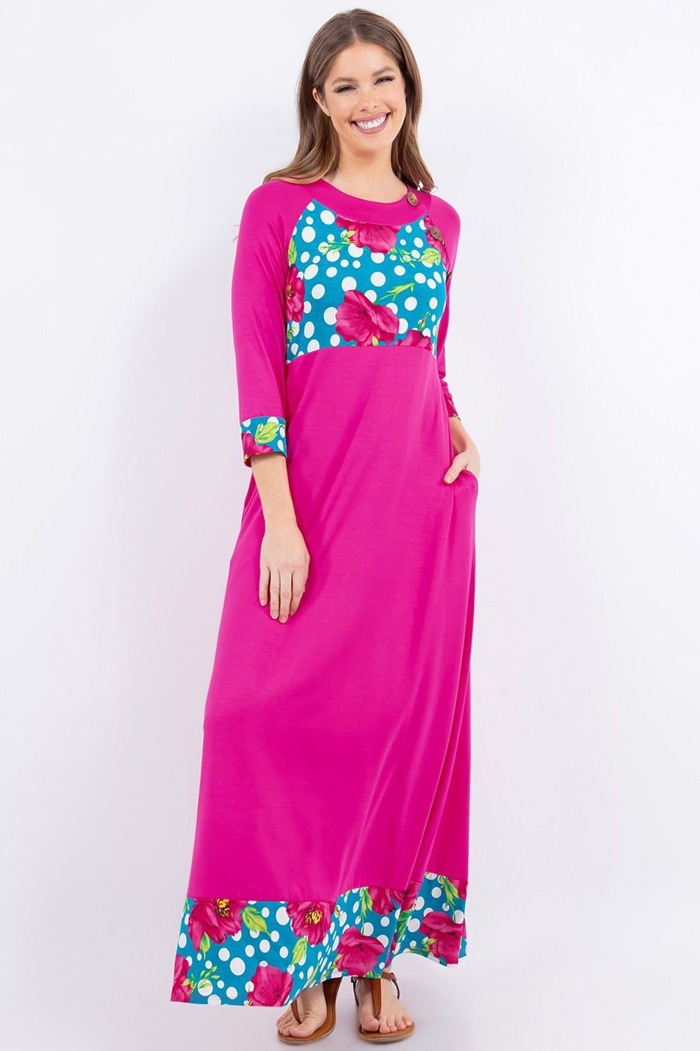 Fuschia 3/4 sleeve maxi dress by Celeste Clothing with floral and polka dot accents, flowing and elegant for casual or dressy occasions.