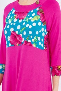 Fuchsia 3/4 sleeve maxi dress by Celeste Clothing featuring floral and polka dot accents, flowing fabric and elegant design.