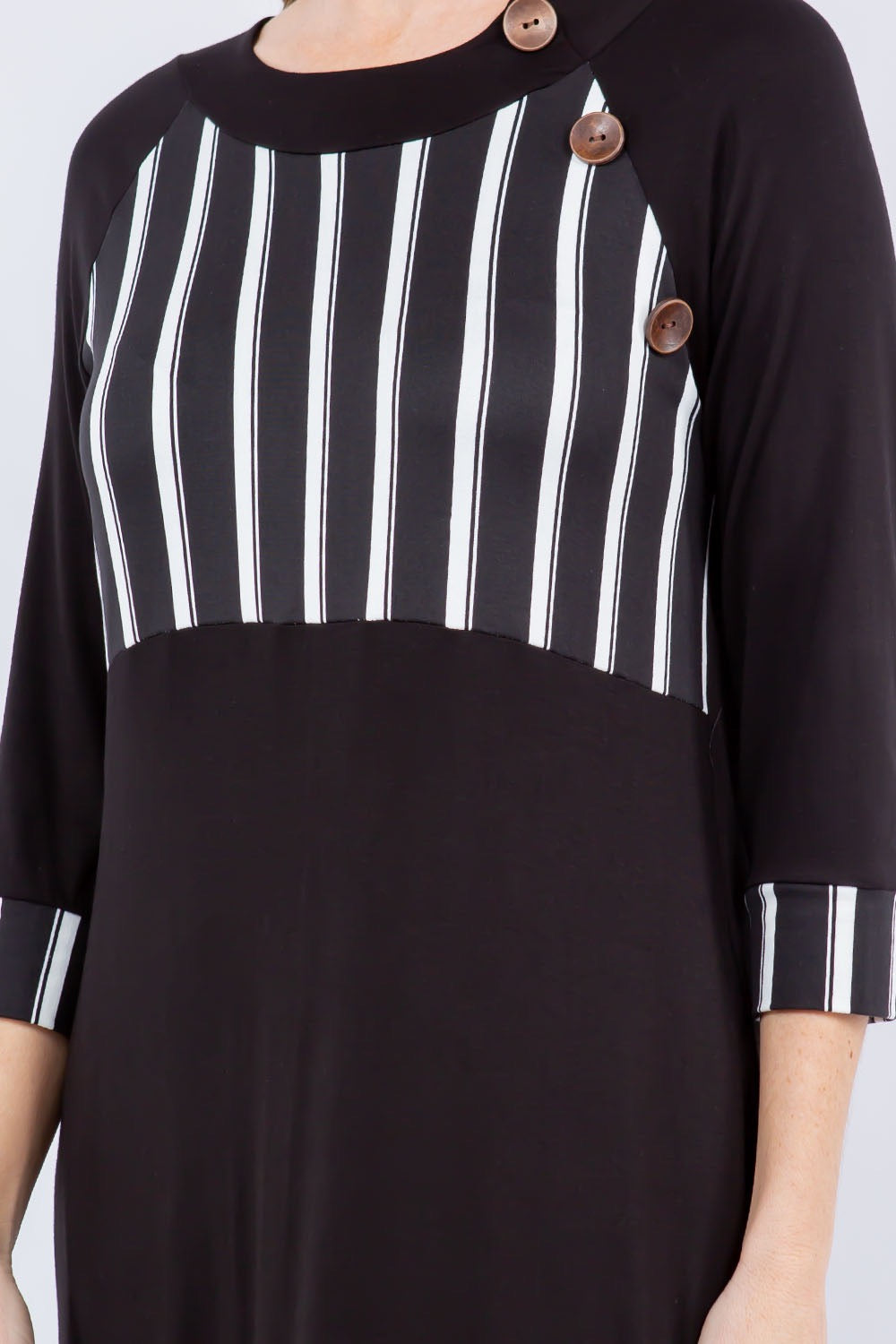 Black and white striped 3/4 sleeve maxi dress by Celeste Clothing, featuring a stylish stripe accent and flowing silhouette.