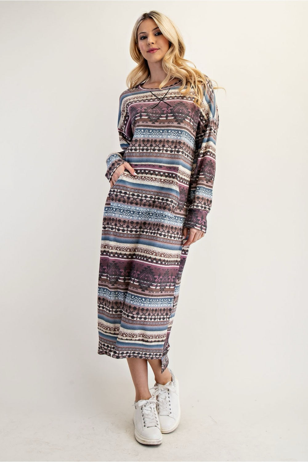 Celeste Clothing maxi dress featuring a colorful Aztec print, sweatshirt style, long length, for Missy and Plus sizes.
