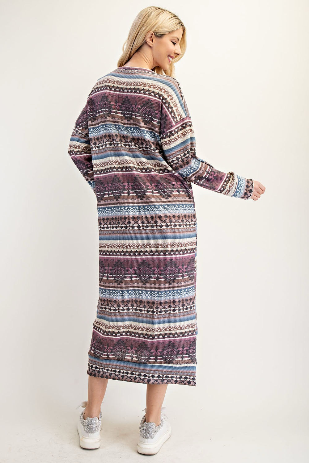Celeste Clothing Aztec print sweatshirt-style maxi dress in Missy and Plus sizes, featuring Southwestern-inspired geometric patterns.