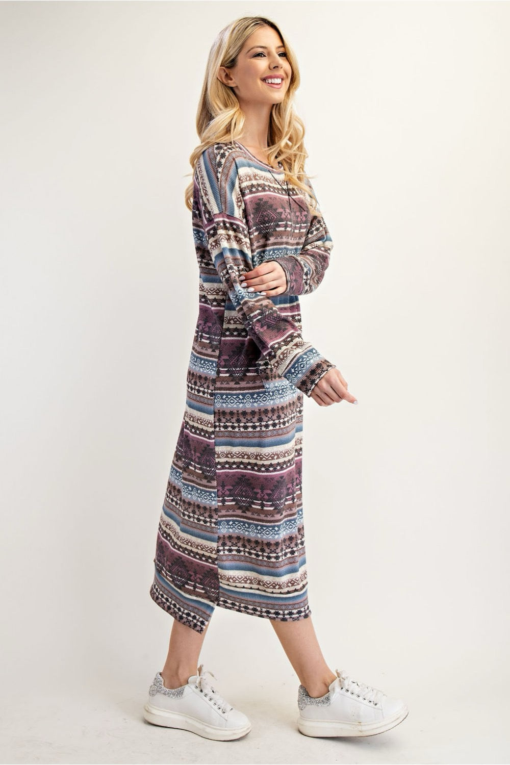 Celeste Clothing Aztec print sweatshirt-style maxi dress in Missy and Plus sizes, featuring southwestern-inspired patterns.