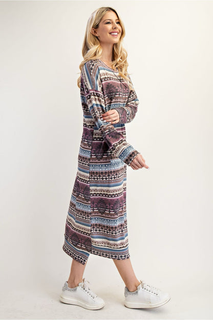 Celeste Clothing Aztec print sweatshirt-style maxi dress in Missy and Plus sizes, featuring southwestern-inspired patterns.