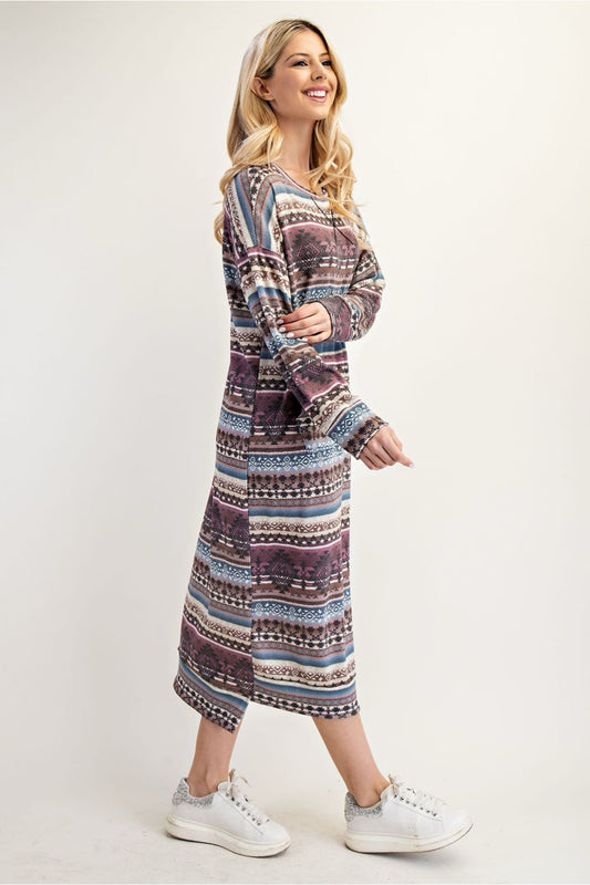 Celeste Clothing Aztec print sweatshirt-style maxi dress in Missy and Plus sizes, featuring southwestern-inspired patterns.