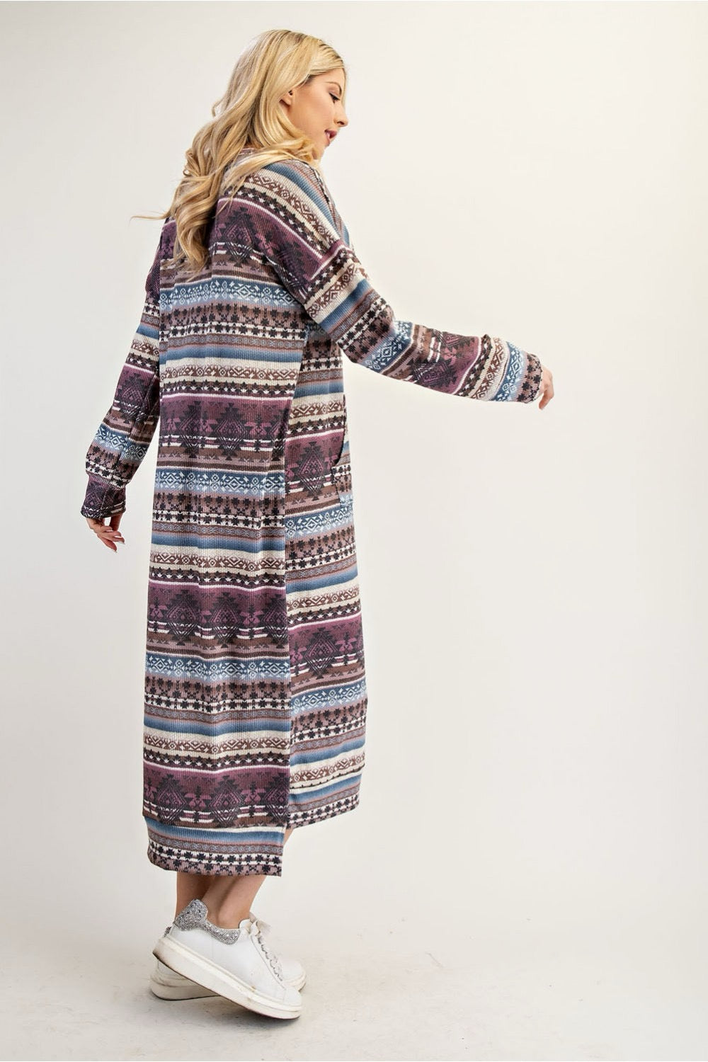 Celeste Clothing Aztec print maxi sweatshirt dress in Missy and Plus sizes, featuring southwestern-inspired pattern and relaxed fit.