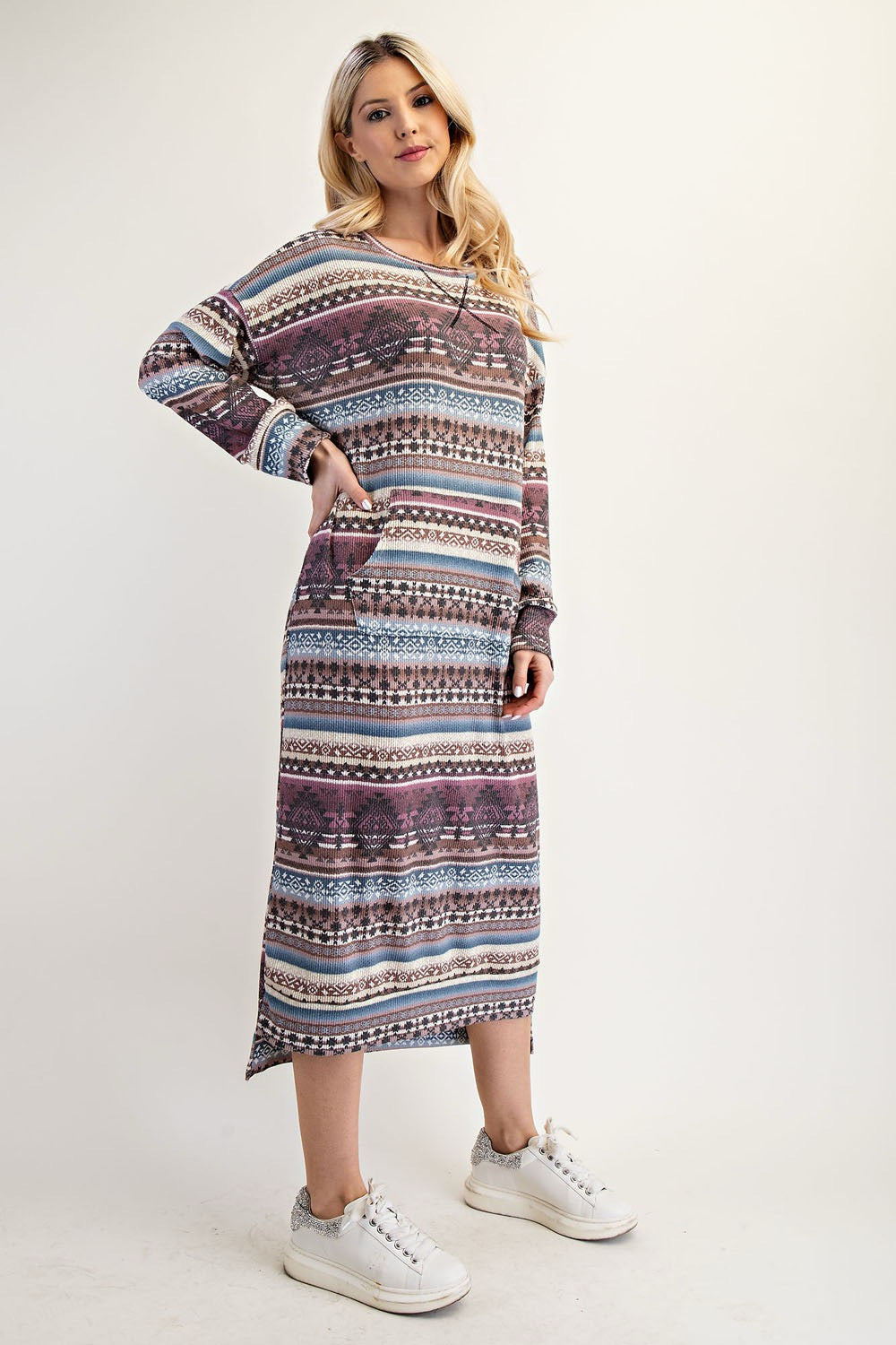 Celeste Clothing Aztec print sweatshirt-style maxi dress in Missy and Plus sizes, featuring southwestern-inspired geometric patterns.