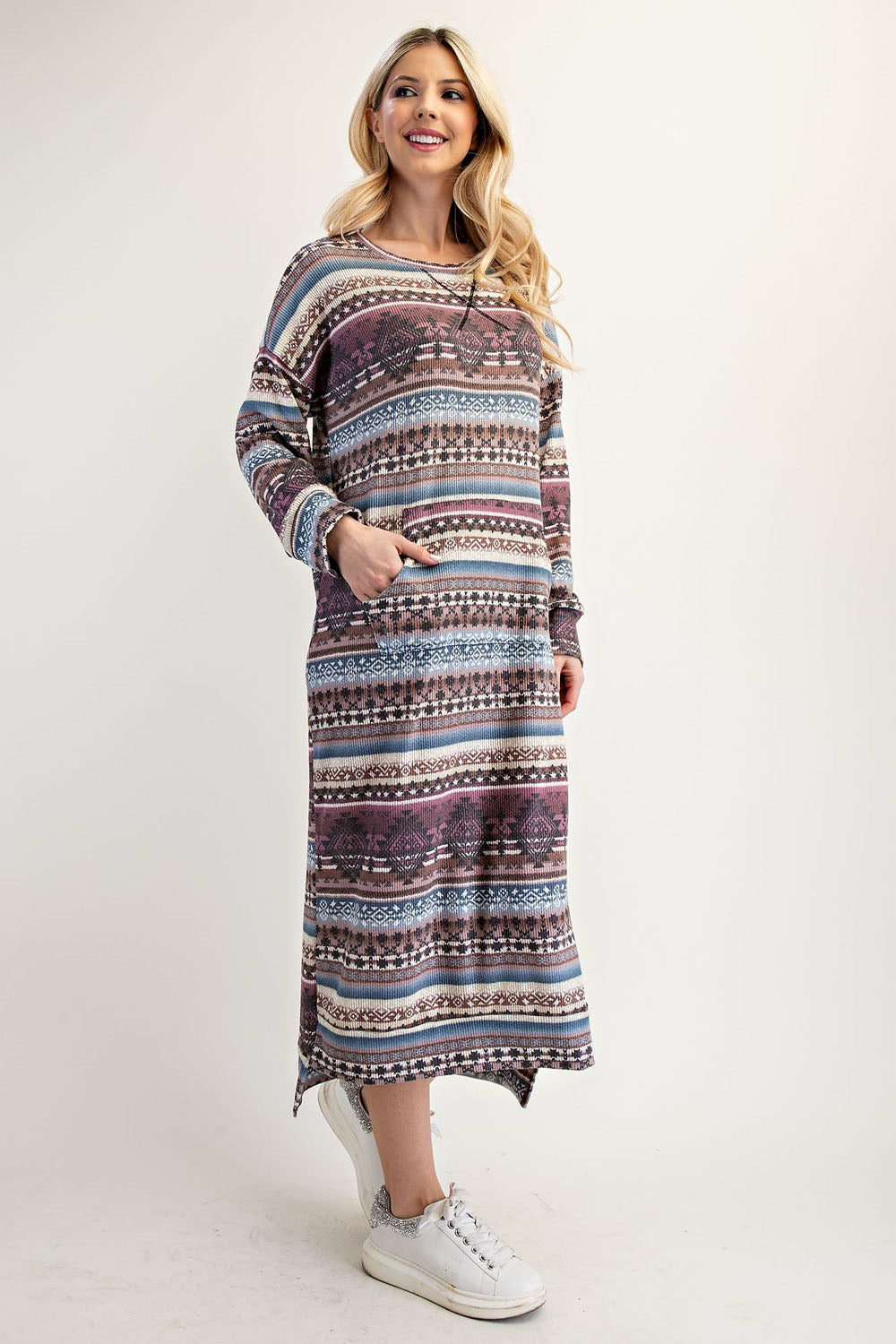 Celeste Clothing Aztec print sweatshirt-style maxi dress in Missy and Plus sizes, featuring southwestern-inspired patterns.