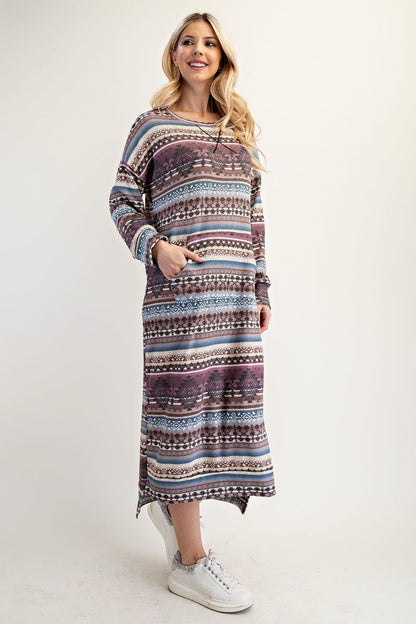 Celeste Clothing Aztec print sweatshirt-style maxi dress in Missy and Plus sizes, featuring southwestern-inspired patterns.