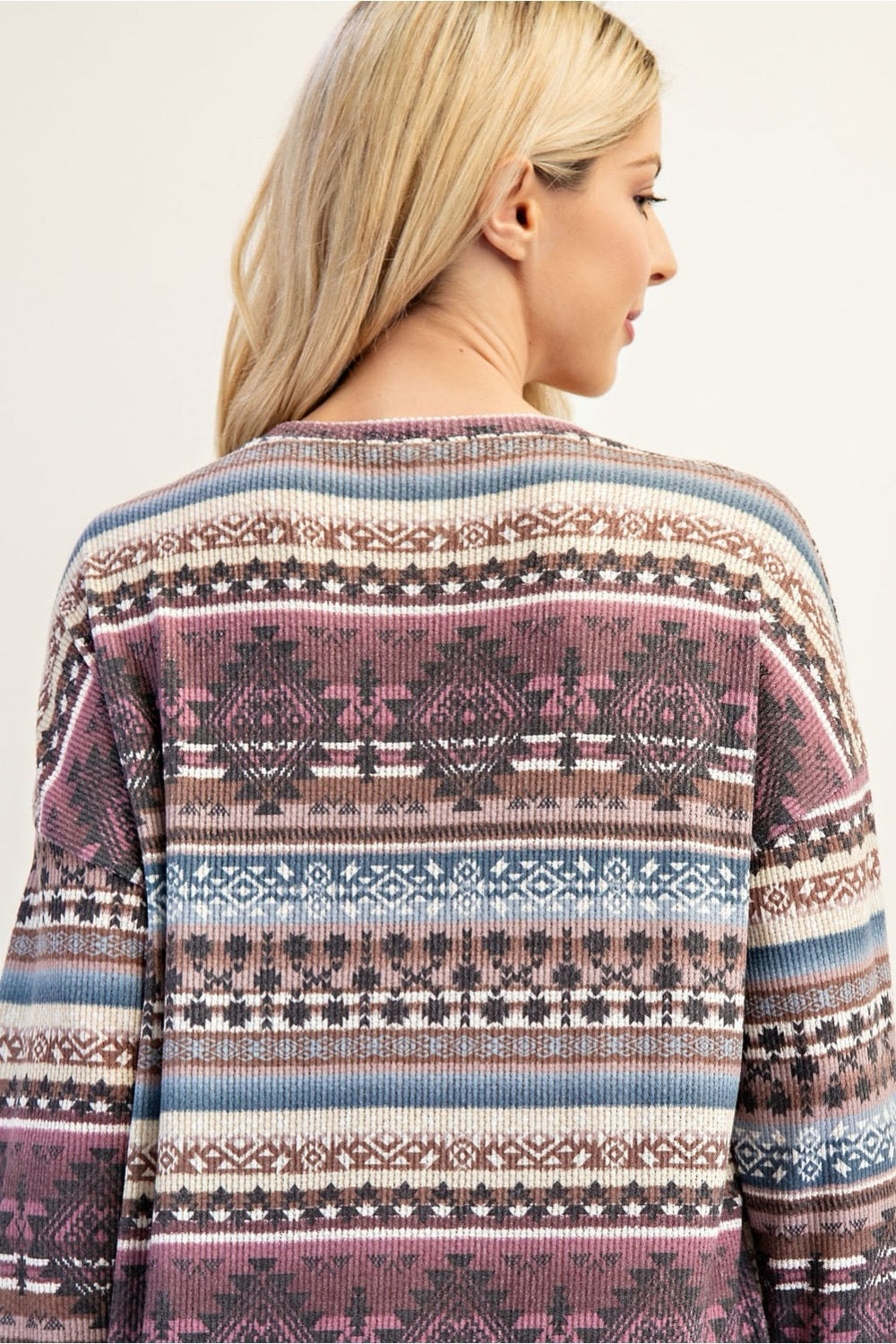 Celeste Clothing Aztec print sweatshirt dress in maxi length, featuring Southwestern patterns, in Missy and Plus sizes.