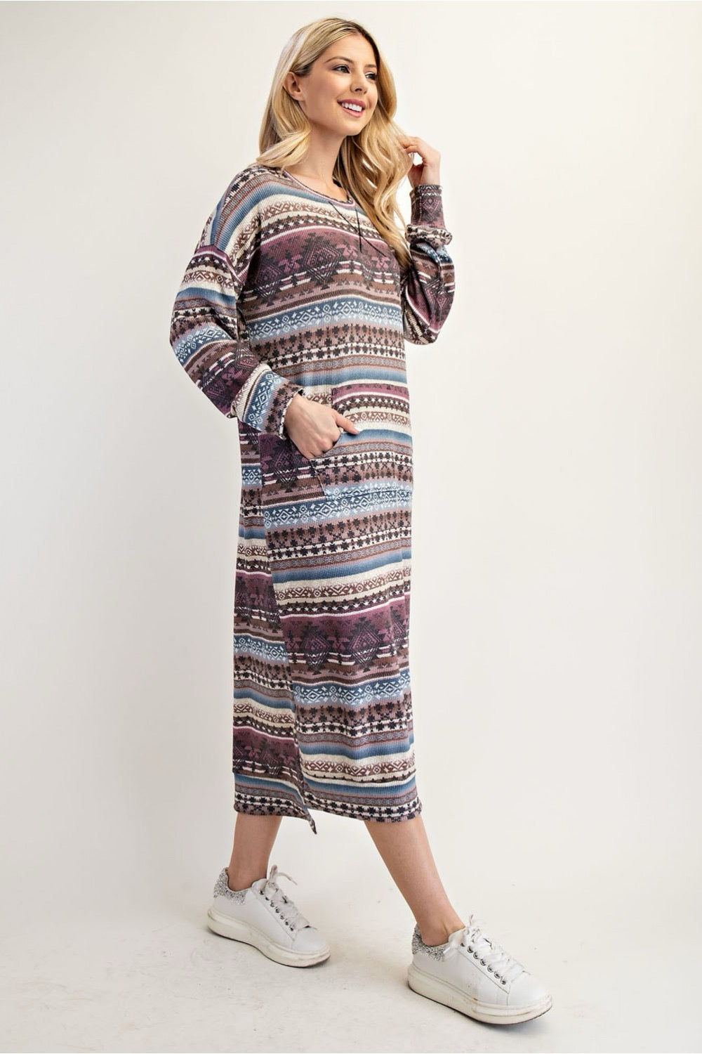 Celeste Clothing Aztec print sweatshirt-style maxi dress in Missy and Plus sizes, featuring southwestern-inspired patterns and relaxed fit.