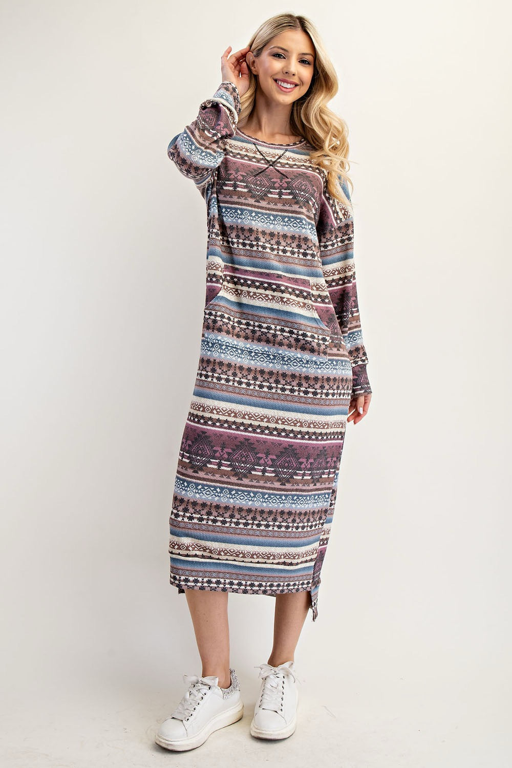 Celeste Clothing Aztec print sweatshirt-style maxi dress in Missy and Plus sizes, featuring a vibrant Southwestern-inspired pattern.