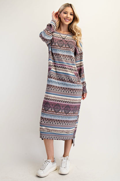 Celeste Clothing Aztec print sweatshirt-style maxi dress in Missy and Plus sizes, featuring a vibrant Southwestern-inspired pattern.