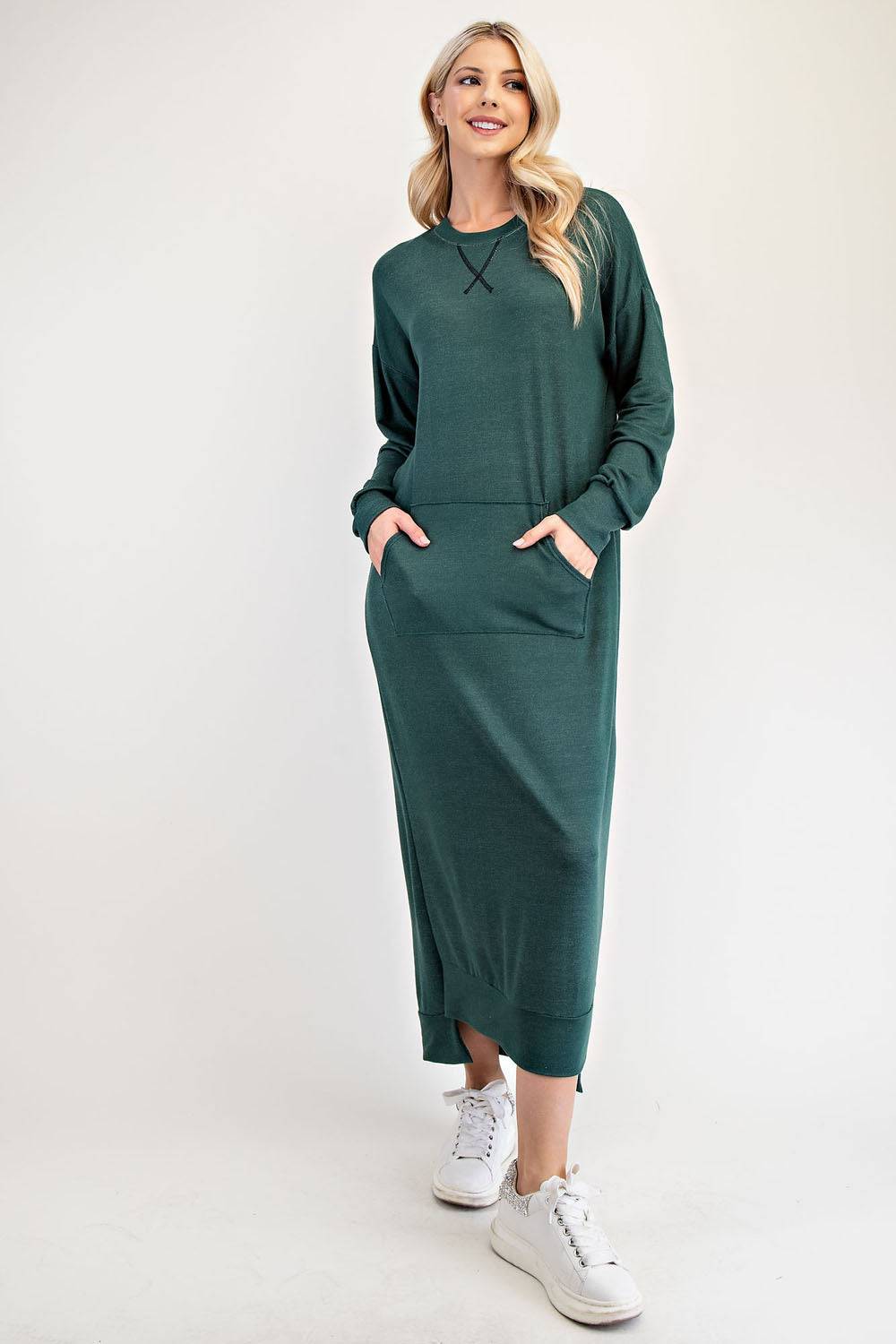 Black sweatshirt-style maxi dress from Celeste Clothing, casual and comfortable dress for Missy and Plus sizes.