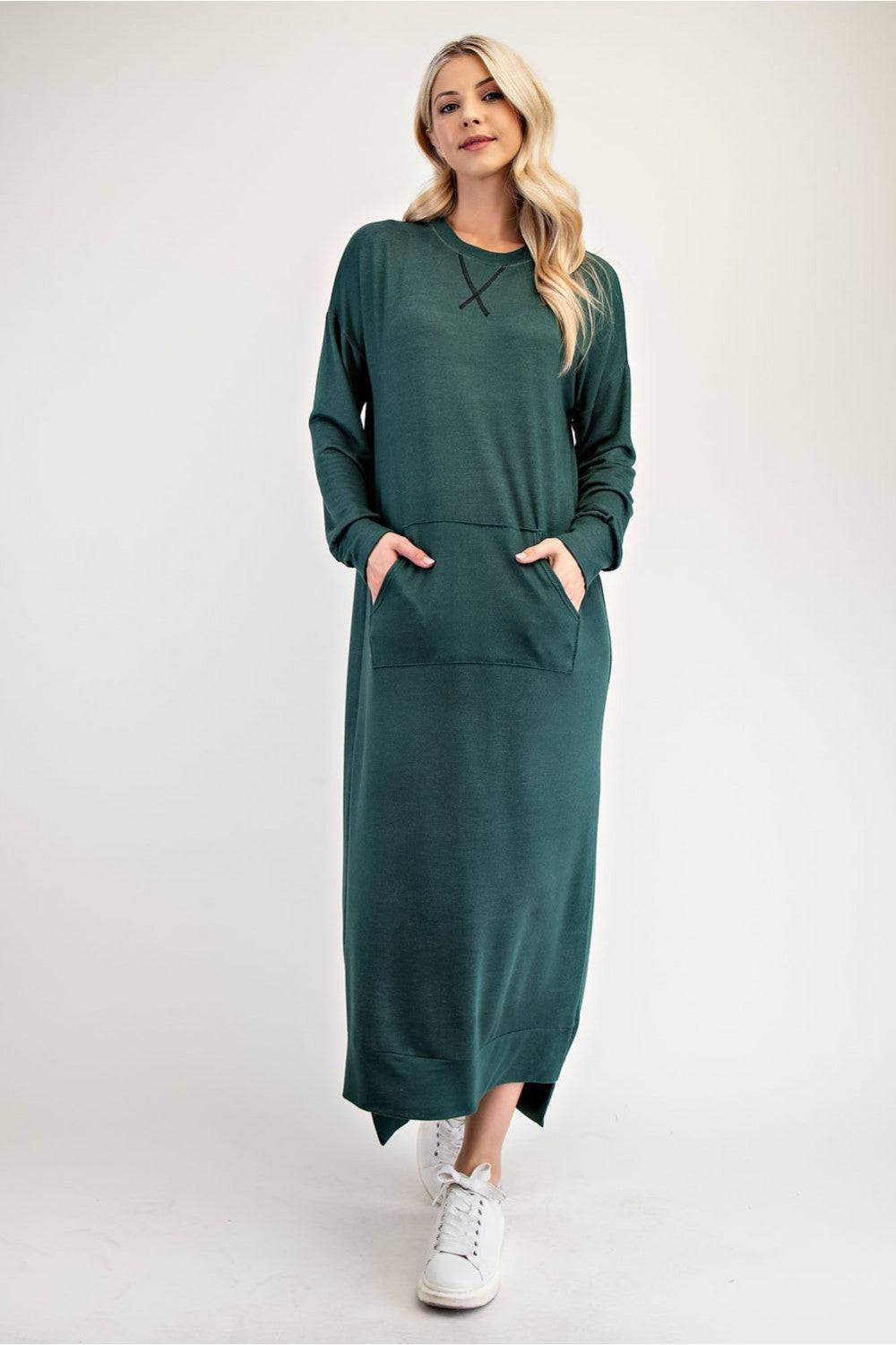 Black sweatshirt-style maxi dress by Celeste Clothing, featuring a relaxed fit for Missy and Plus sizes.