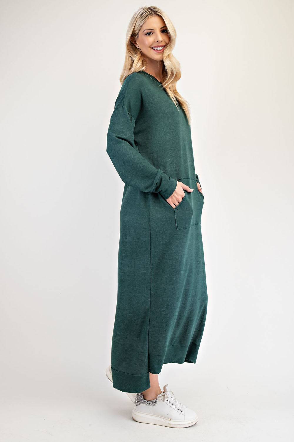 Black sweatshirt-style maxi dress from Celeste Clothing, casual and comfortable for Missy and Plus size women.