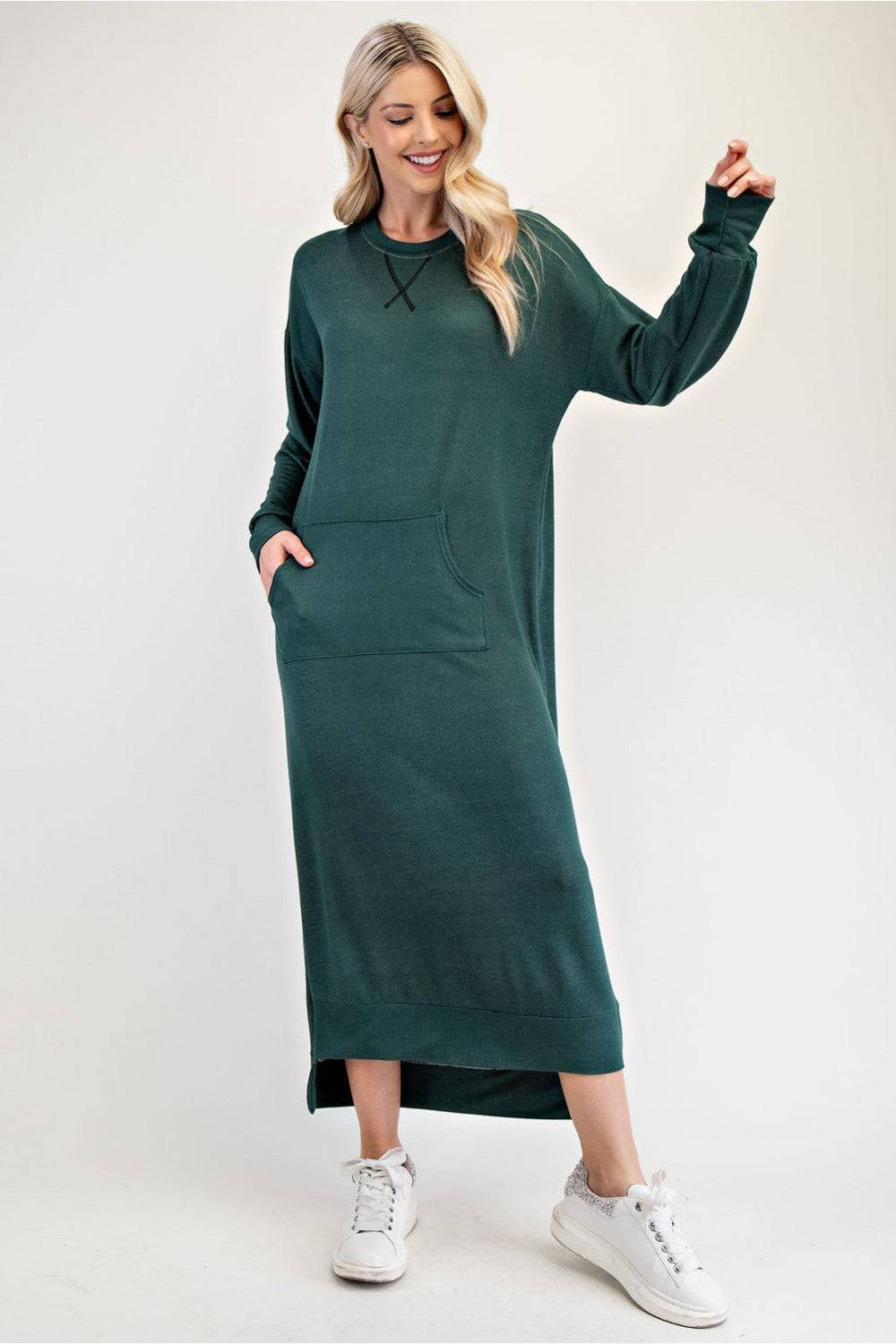 Black sweatshirt-style maxi dress by Celeste Clothing, casual and comfortable dress for Missy and Plus sizes.
