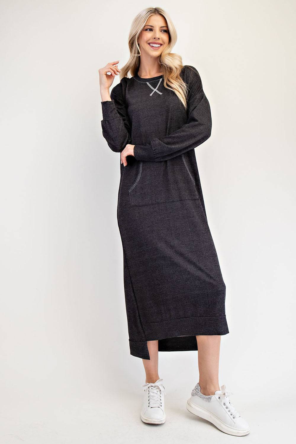Black sweatshirt-style maxi dress from Celeste Clothing, featuring a comfortable, casual fit for Missy and Plus sizes.