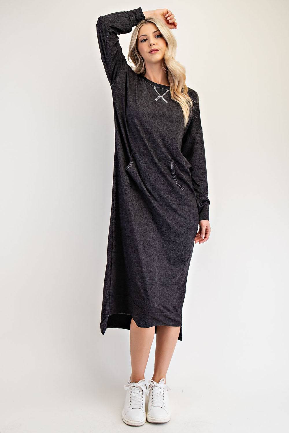 Black sweatshirt-style maxi dress from Celeste Clothing, featuring a relaxed fit in Missy and Plus sizes.