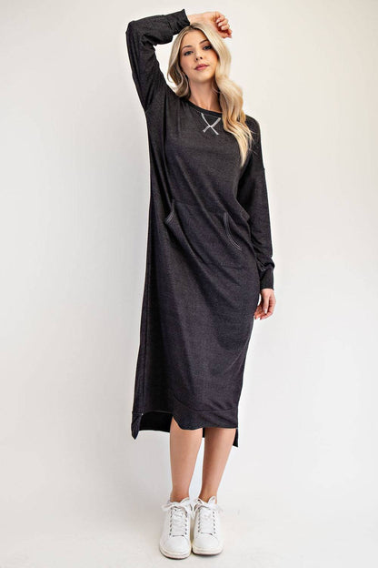 Black sweatshirt-style maxi dress from Celeste Clothing, featuring a relaxed fit in Missy and Plus sizes.
