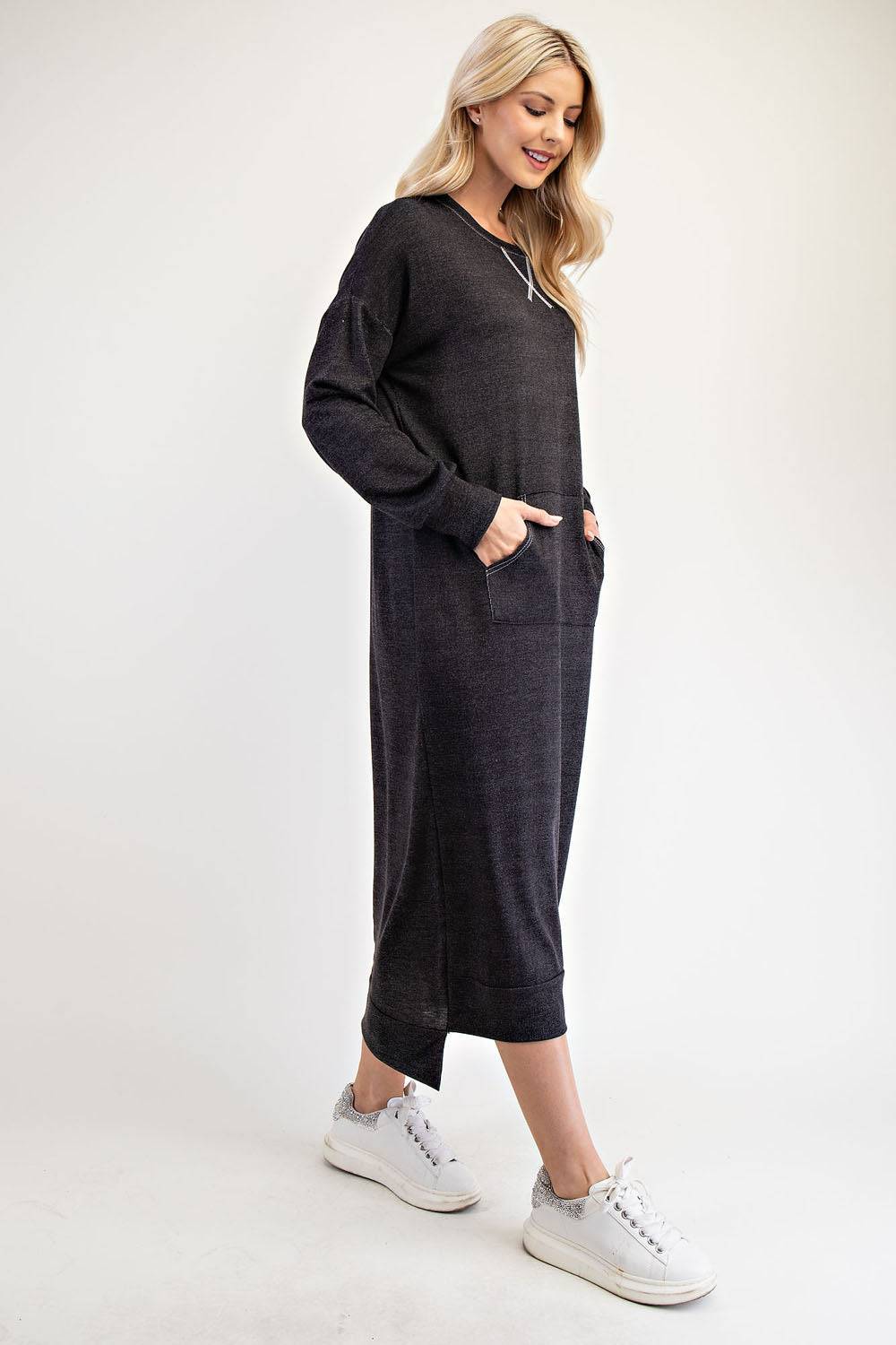 Black sweatshirt-style maxi dress by Celeste Clothing, featuring a relaxed fit for missy and plus sizes.