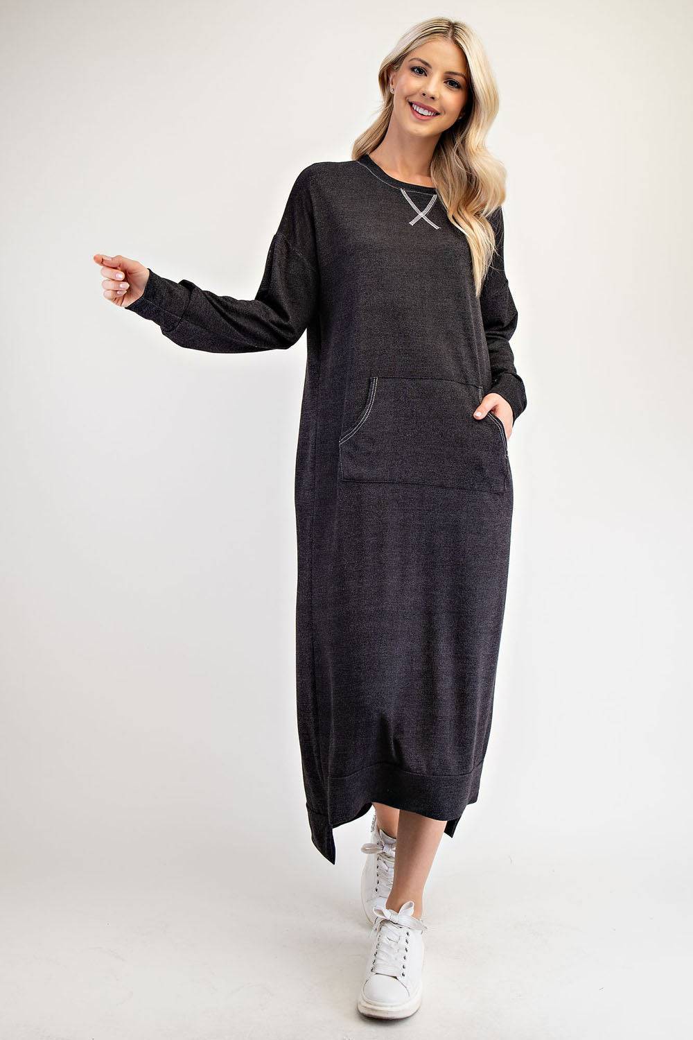 Black sweatshirt-style maxi dress from Celeste Clothing, available in Missy and Plus sizes, shown on a model.