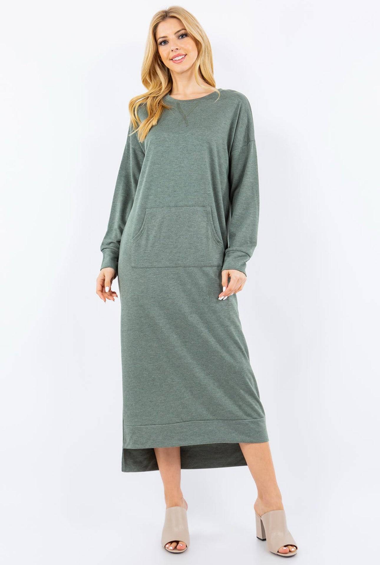Black sweatshirt-style maxi dress from Celeste Clothing, featuring a relaxed fit in Missy and Plus sizes.