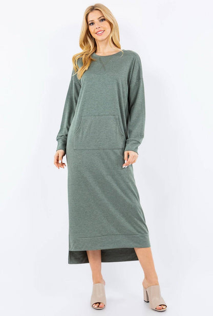 Black sweatshirt-style maxi dress from Celeste Clothing, featuring a relaxed fit in Missy and Plus sizes.