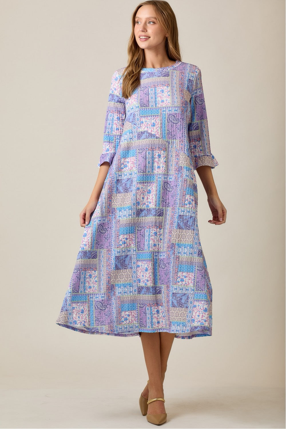 Lilac Modest A-Line Patchwork Print Dress by Celeste Clothing, featuring a flowing silhouette and colorful patchwork design.