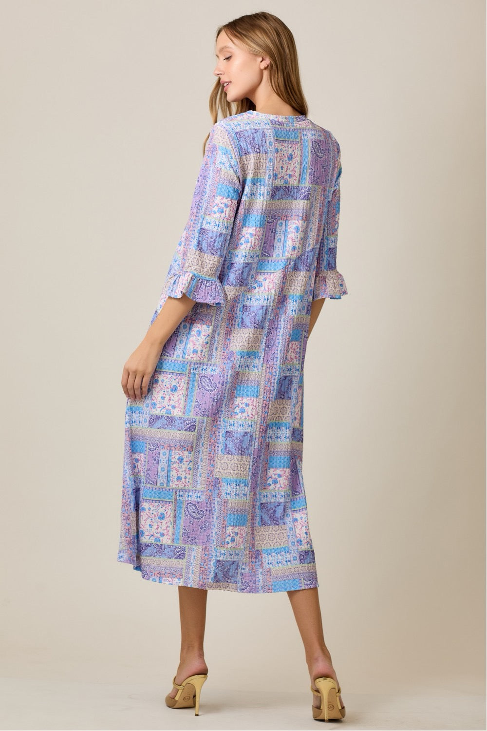 Lilac Modest A-Line Patchwork Print Dress by Celeste Clothing, featuring a flowing silhouette and colorful patchwork design.