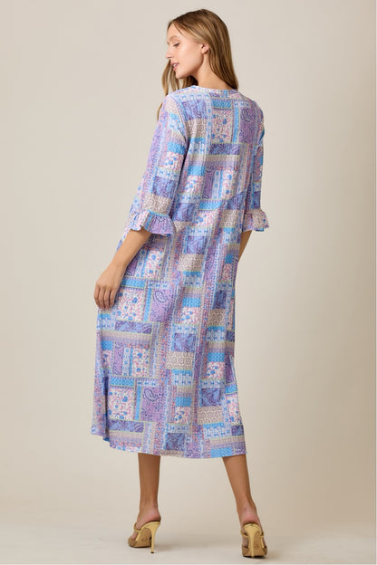 Lilac Modest A-Line Patchwork Print Dress by Celeste Clothing, featuring a flowing silhouette and colorful patchwork design.