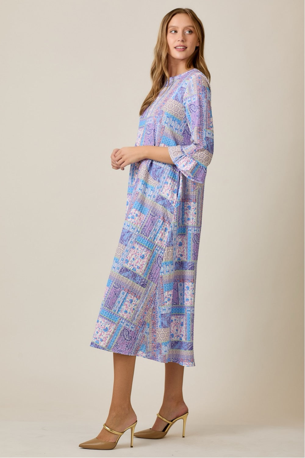 Celeste Clothing lilac modest A-line patchwork print dress, knee-length with long sleeves and elegant design.