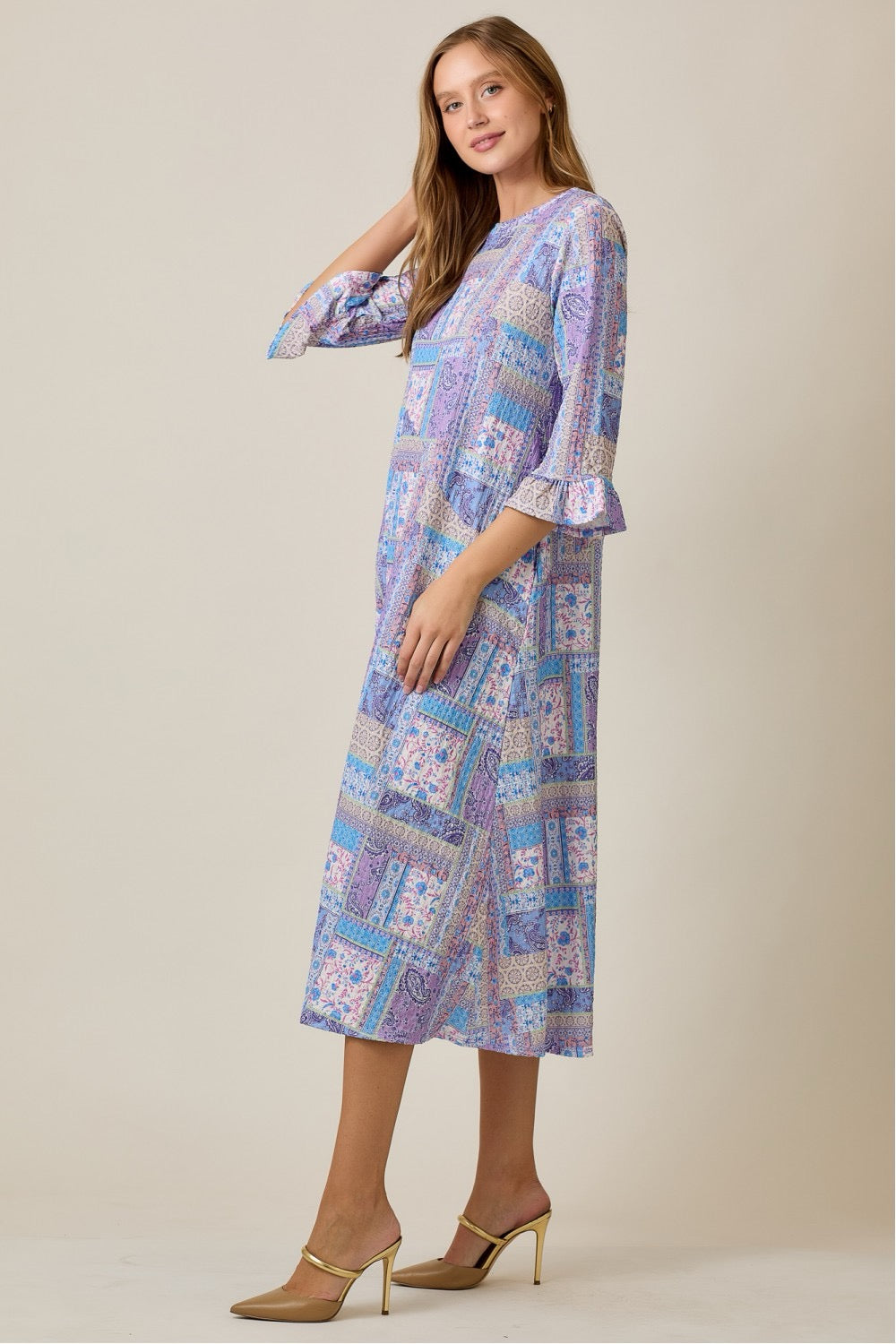Lilac modest A-line patchwork print dress by Celeste Clothing, featuring a flowing silhouette and elegant design.