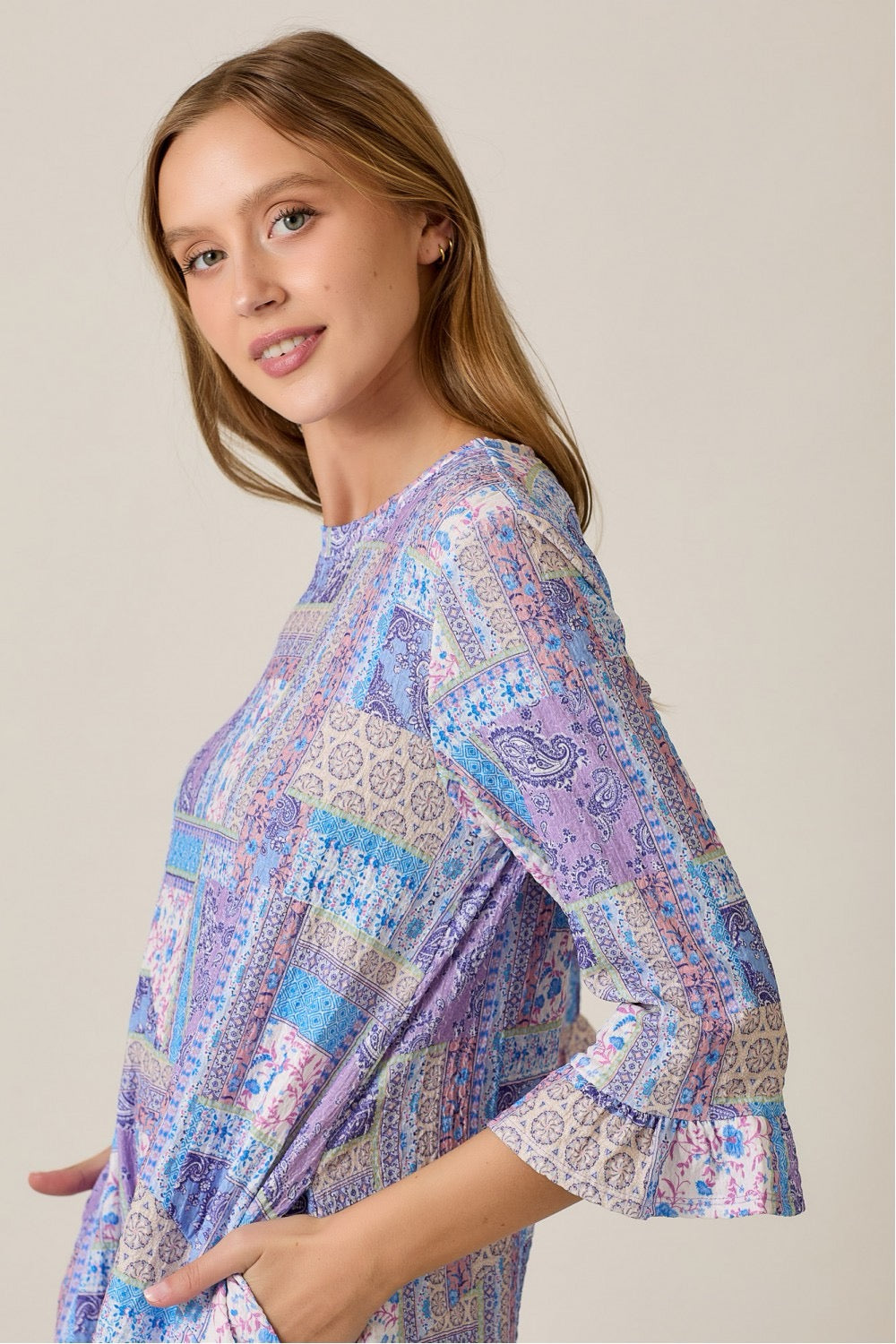 Lilac Modest A-Line Patchwork Print Dress by Celeste Clothing, featuring a flowing silhouette and colorful patchwork design.