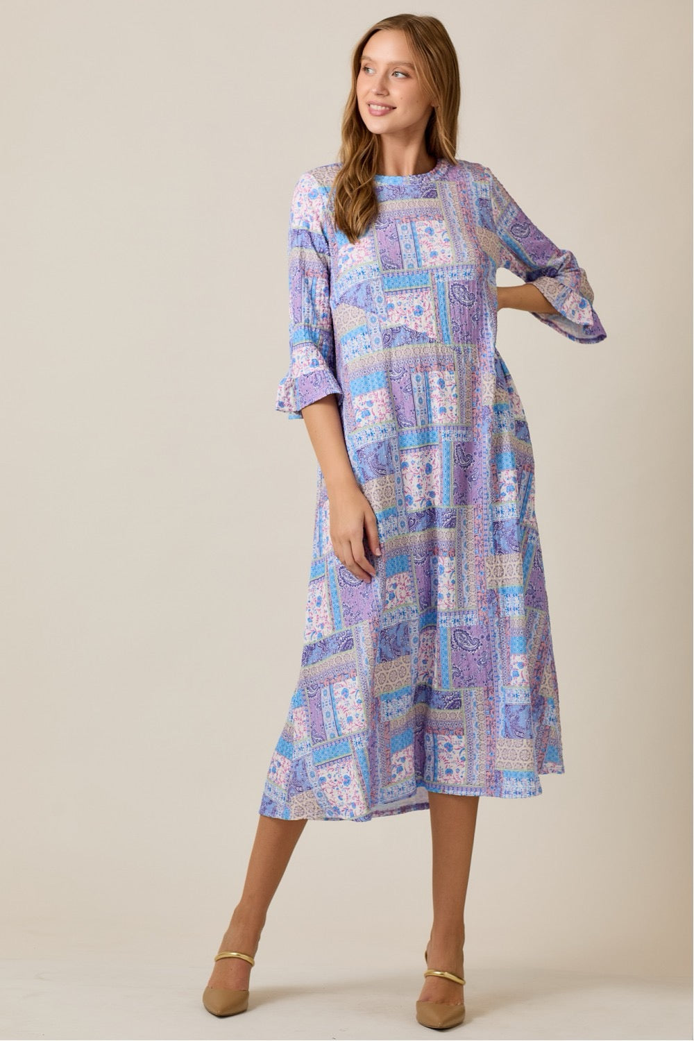 Lilac Modest A-Line Patchwork Print Dress by Celeste Clothing, featuring a flowy silhouette and colorful patchwork design.