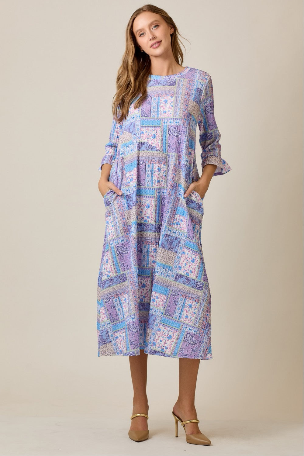 Celeste Clothing lilac modest A-line patchwork print dress, featuring a flowing silhouette and elegant design.
